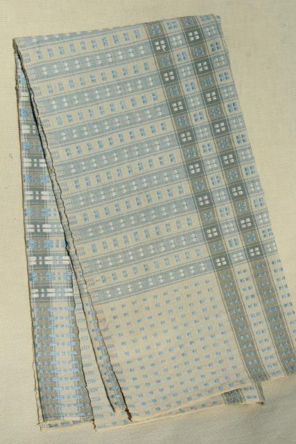 photo of antique homespun hand woven linen tablecloth, vintage farmhouse blue & white unbleached flax #2