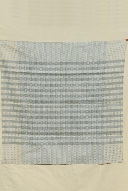 photo of antique homespun hand woven linen tablecloth, vintage farmhouse blue & white unbleached flax #3