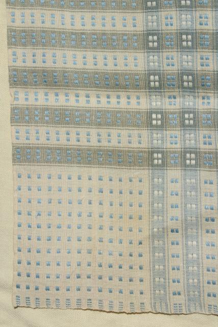 photo of antique homespun hand woven linen tablecloth, vintage farmhouse blue & white unbleached flax #5