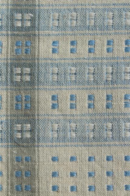 photo of antique homespun hand woven linen tablecloth, vintage farmhouse blue & white unbleached flax #8