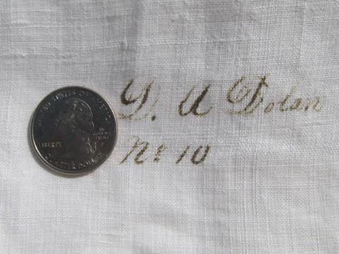 photo of antique homespun linen fabric bed sheet, numbered for old hotel #1