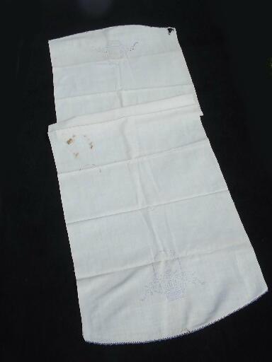 photo of antique homespun linen hand-woven fabric table runner, blue and white embroidery #1