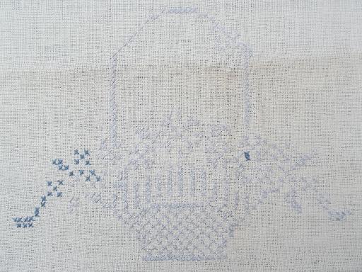 photo of antique homespun linen hand-woven fabric table runner, blue and white embroidery #3