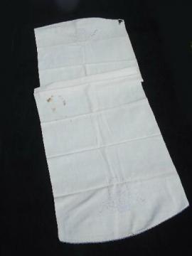 catalog photo of antique homespun linen hand-woven fabric table runner, blue and white embroidery