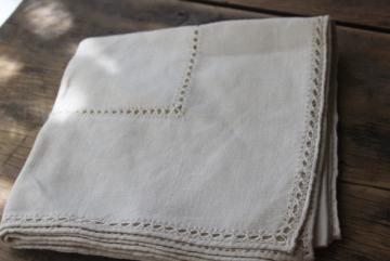 catalog photo of antique homespun linen table cloth w/ drawn thread openwork lace embroidery hemstitching