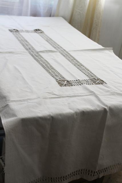 photo of antique homespun linen tablecloth w/ drawn thread lace, vintage farmhouse table runner #1