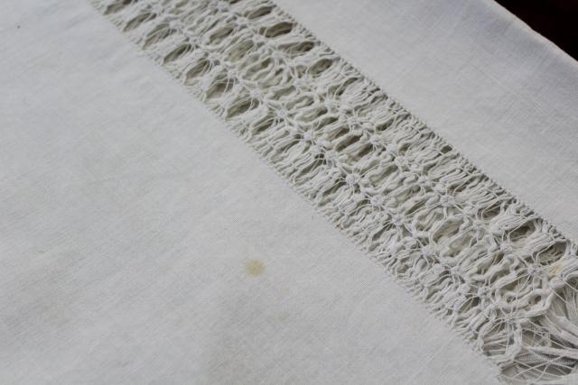 photo of antique homespun linen tablecloth w/ drawn thread lace, vintage farmhouse table runner #2