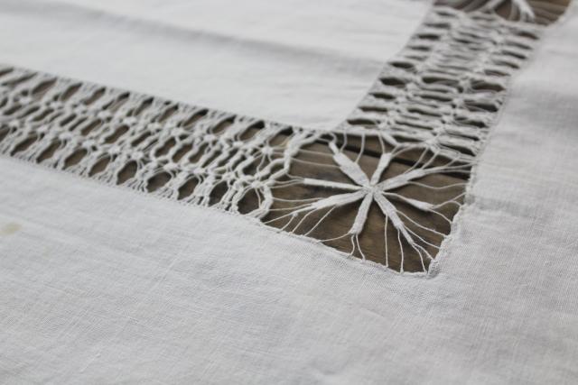 photo of antique homespun linen tablecloth w/ drawn thread lace, vintage farmhouse table runner #3