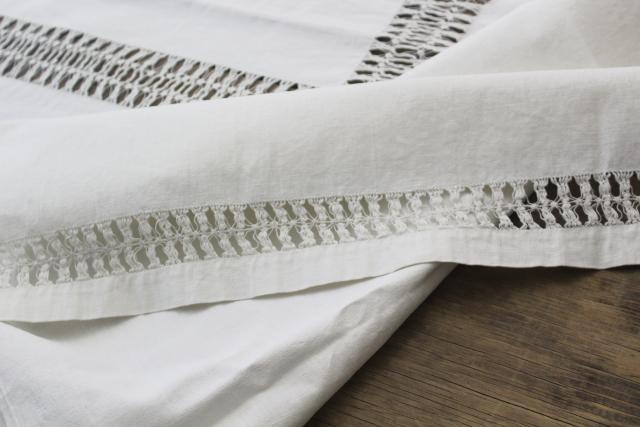 photo of antique homespun linen tablecloth w/ drawn thread lace, vintage farmhouse table runner #4