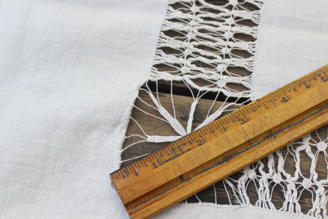 photo of antique homespun linen tablecloth w/ drawn thread lace, vintage farmhouse table runner #5