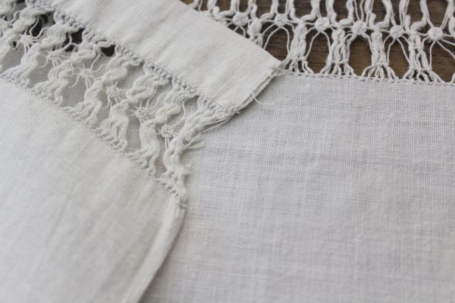 photo of antique homespun linen tablecloth w/ drawn thread lace, vintage farmhouse table runner #6