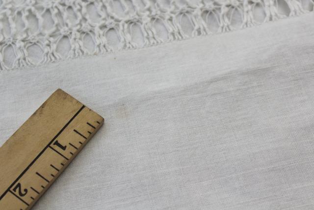 photo of antique homespun linen tablecloth w/ drawn thread lace, vintage farmhouse table runner #8