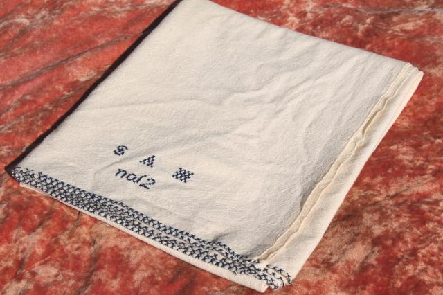 photo of antique homespun wool blanket, 1800s vintage Shaker hand woven coverlet w/ blue embroidery  #1