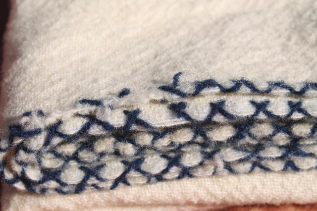 photo of antique homespun wool blanket, 1800s vintage Shaker hand woven coverlet w/ blue embroidery  #5