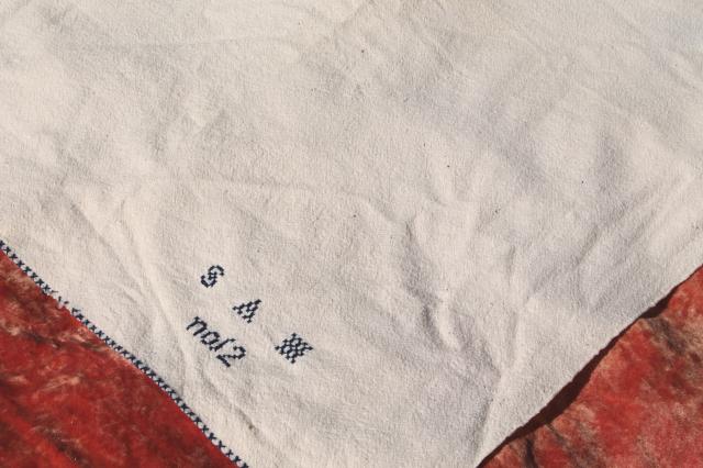 photo of antique homespun wool blanket, 1800s vintage Shaker hand woven coverlet w/ blue embroidery  #7