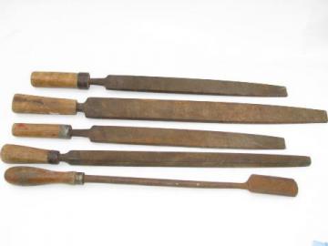 catalog photo of antique horse farrier horseshoeing tools&files w/primitive wood handles