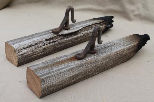 photo of antique horse harness hooks on salvage barn wood, rustic architectural hardware #6