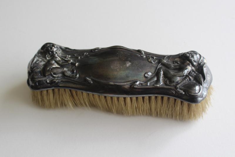 photo of antique horsehair clothes brush, ornate silver plate w/ cherubs, vanity set brush #1