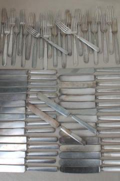 catalog photo of antique hotel silver knives & forks, shabby vintage silver plate flatware lot