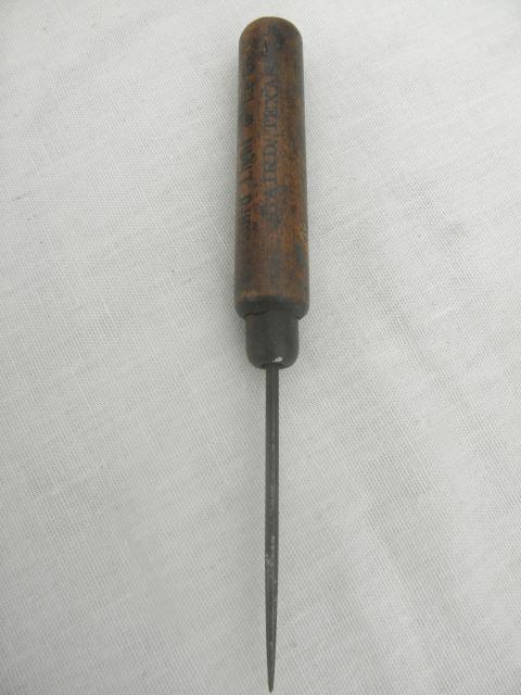 photo of antique ice pick, early 1900s vintage Baird Texas advertising, old wood handle #1