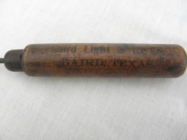 photo of antique ice pick, early 1900s vintage Baird Texas advertising, old wood handle #2