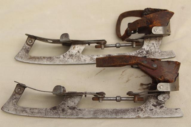 photo of antique ice skates w/ leather straps, marked Union Hardware early 1900s vintage  #4