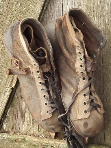 photo of antique ice skates, vintage leather boots hockey skates for display #5