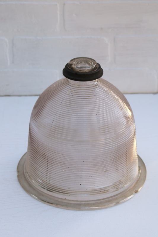 photo of antique industrial lamp post light globe, marked Holophane ribbed prismatic glass shade 1917 patent date #1