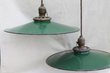 catalog photo of antique industrial lights w/ gas station green porcelain shades, vintage barn lighting