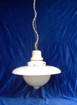 catalog photo of antique industrial pendant light w/glass reflector shade, 1917 patent