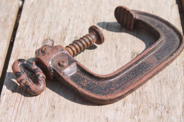 photo of antique industrial tool woodworking or machinist's clamps, iron skeleton key turn screw clamps #4