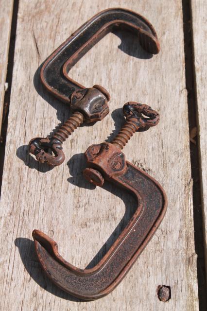 photo of antique industrial tool woodworking or machinist's clamps, iron skeleton key turn screw clamps #6