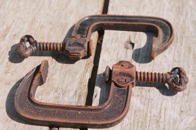 photo of antique industrial tool woodworking or machinist's clamps, iron skeleton key turn screw clamps #7