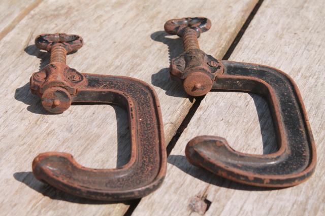 photo of antique industrial tool woodworking or machinist's clamps, iron skeleton key turn screw clamps #8