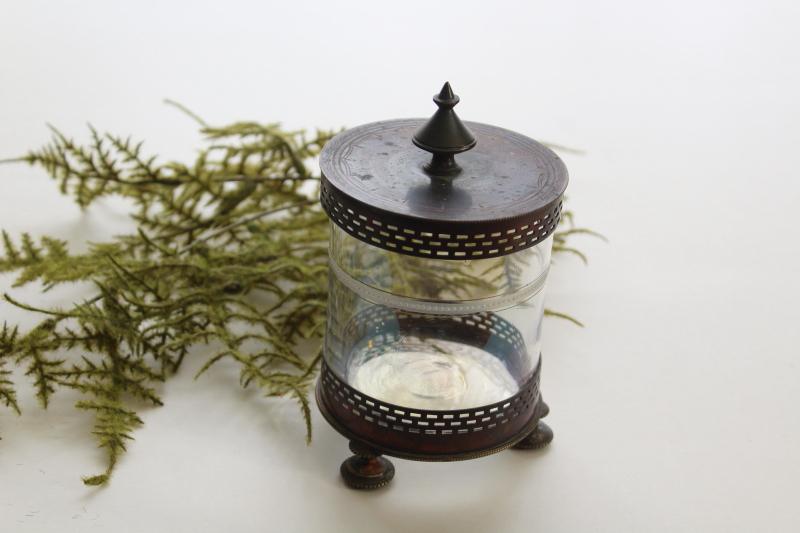 photo of antique iridescent luster glass marmalade jar, silver over copper Deykin England hallmarks #1