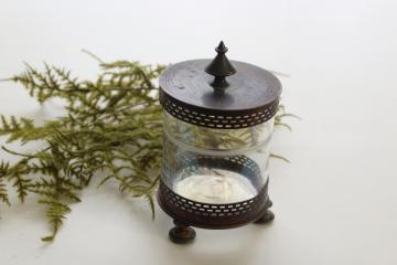 catalog photo of antique iridescent luster glass marmalade jar, silver over copper Deykin England hallmarks