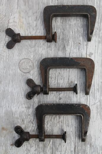 photo of antique iron C clamps, small tool workbench clamps or cabinetmaker woodworking clamps #1