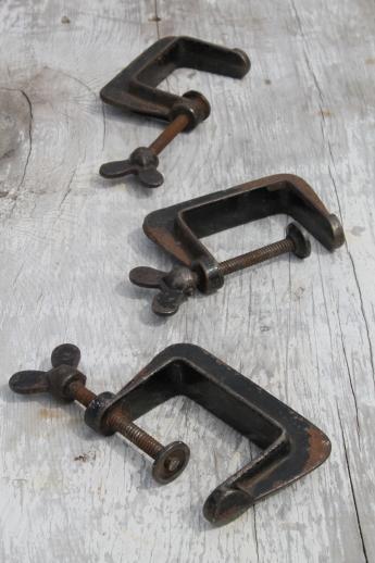 photo of antique iron C clamps, small tool workbench clamps or cabinetmaker woodworking clamps #2