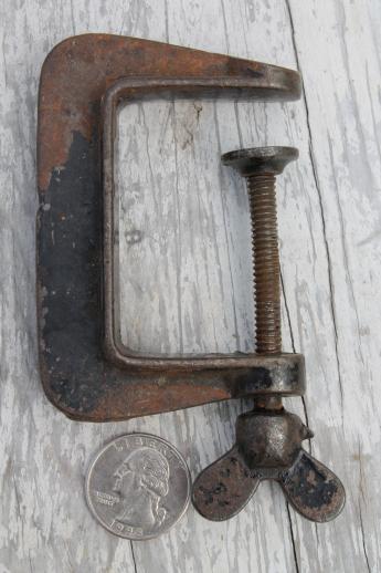 photo of antique iron C clamps, small tool workbench clamps or cabinetmaker woodworking clamps #3