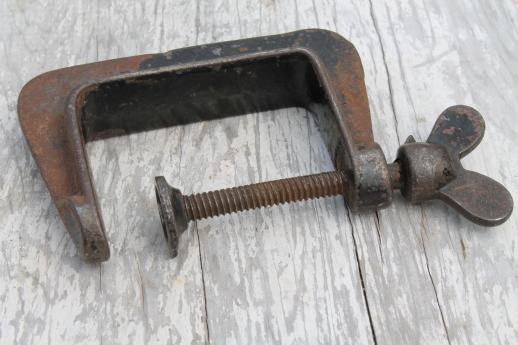 photo of antique iron C clamps, small tool workbench clamps or cabinetmaker woodworking clamps #5