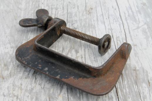 photo of antique iron C clamps, small tool workbench clamps or cabinetmaker woodworking clamps #6