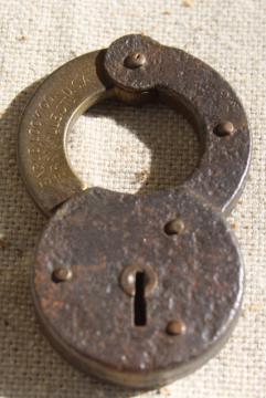 catalog photo of antique iron & brass padlock, 1800s vintage Eagle lock, locked without key