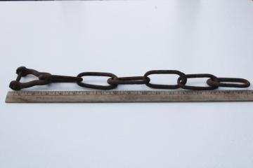 antique iron chain w/ hand forged links, early 1900s vintage example of the blacksmith art