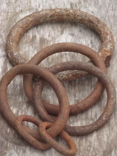 photo of antique iron hardware, heavy round ring pulls or hangers, forged or cast iron #1