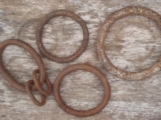 photo of antique iron hardware, heavy round ring pulls or hangers, forged or cast iron #2