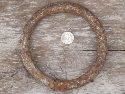 photo of antique iron hardware, heavy round ring pulls or hangers, forged or cast iron #3