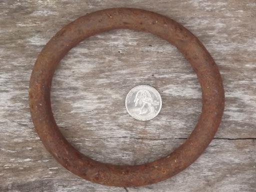 photo of antique iron hardware, heavy round ring pulls or hangers, forged or cast iron #4