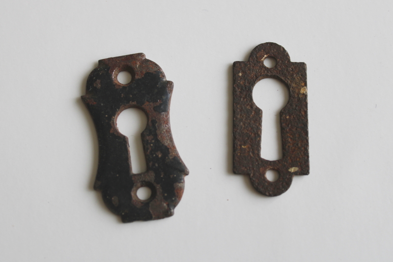 photo of antique iron keyhole escutcheons, 1800s vintage hardware for trunks or furniture  #1