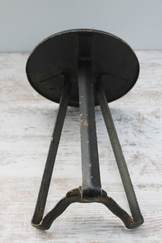 photo of antique iron milking stool, primitive vintage paint all metal tiny round table riser pedestal  #2