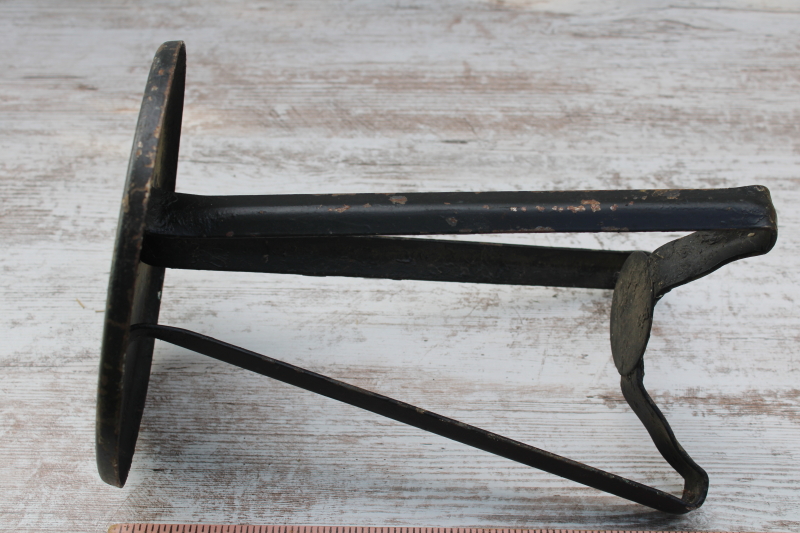 photo of antique iron milking stool, primitive vintage paint all metal tiny round table riser pedestal  #3